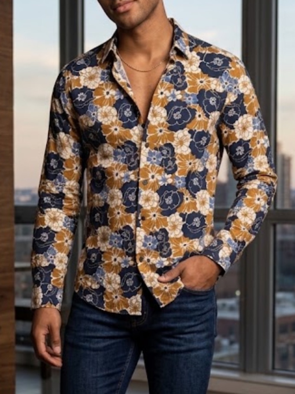 🕺🐠Zara Man Slim Fit floral gold white blue button down shirt small